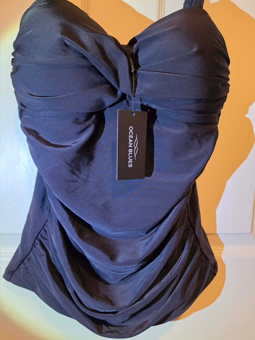 Women's  Ocean Blues size S Black Ruched Tankini Swim Top NWT